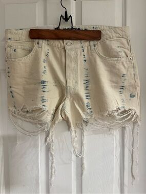 H&M Cream Denim Shorts with Blue Tie-Dye Accents
